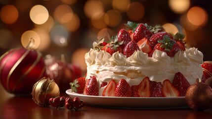 彩る苺と生クリームのクリスマスケーキ