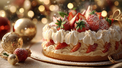 彩る苺と生クリームのクリスマスケーキ