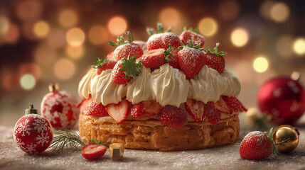 彩る苺と生クリームのクリスマスケーキ
