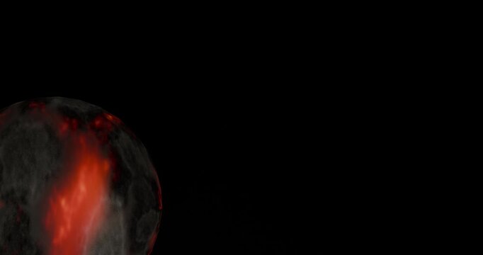 Anima&ccedil;&atilde;o 3D de um planeta/exoplaneta rochoso com borda vermelho-alaranjada incandescente, girando suavemente contra fundo espacial escuro. Visual minimalista com espa&ccedil;o negativo