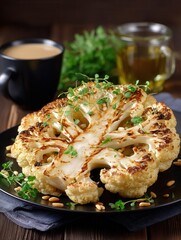 Grilled cauliflower steak with pine nuts herbs garnished for healthy vegetarian meal