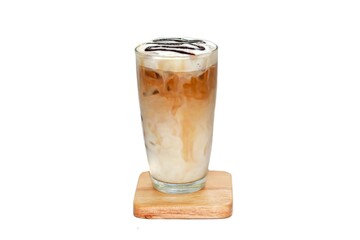 Pictures of pouring milk in latte ice coffee serving on white background and isolate concept.