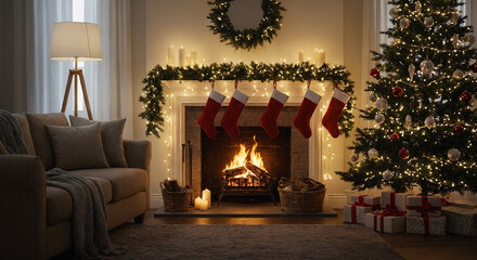 Fototapeta premium Christmas fireplace with stockings and decorated tree in cozy holiday living room