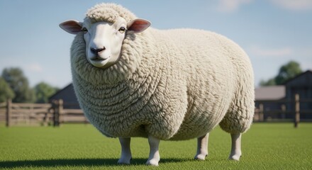 Fototapeta premium Fluffy Sheep on Green Grass, Blue Sky, Farm Scene.