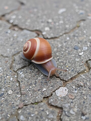 Close-up of a snail crawling slowly on textured stone surface