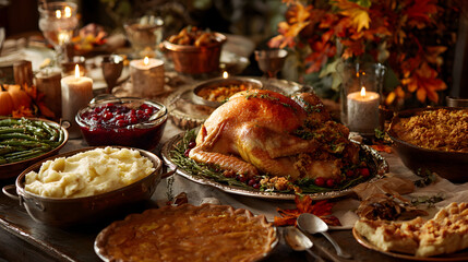 Fototapeta premium An abundant thanksgiving feast spread across a table, featuring a whole roasted turkey, various side dishes, and pies