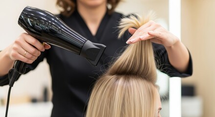 Professional hairstyling blow dryer technique in modern salon setting