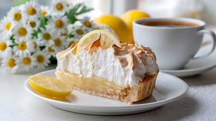 dish of a slice of creamy cake and lemon