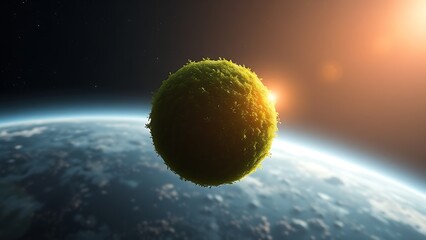 Lush green planet suspended in space with glowing atmosphere and vibrant cosmic vegetation.