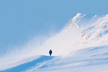 Solitary figure traverses vast snowy landscape under clear blue