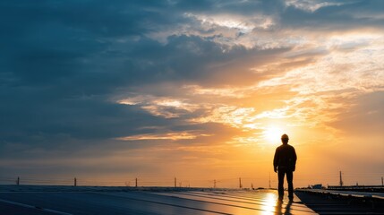 Fototapeta premium Technology solar cell, Engineer service check installation solar cell on the roof of factory on the morning. Silhouette technician inspection and repair solar cell on the roof of factory.