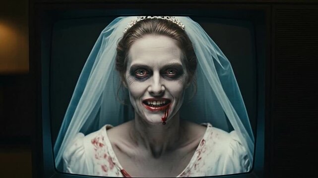 Terrifying zombie bride emerges from old TV screen with bloody smile