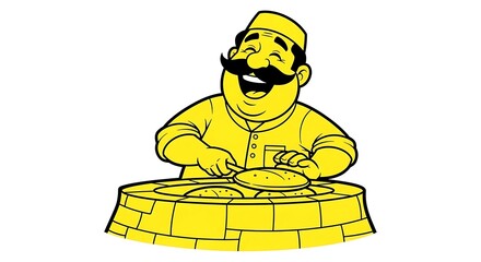 Joyful chef with a big mustache enthusiastically preparing delicious flatbread in a vibrant tandoor oven, perfect for culinary promotions and restaurant branding