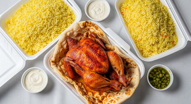 An Authentic Saudi  Dajaj Al-Shawayah Takeaway Feast with Rice and Garlic Sauce