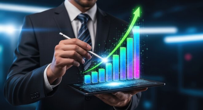 business man analyzing digital financial charts and growth trends on a tablet, highlighting the role of technology and data analysis in modern market research and business planning strategies.