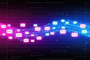 This digital artwork showcases vibrant neon email icons arranged in a flowing pattern that represents communication