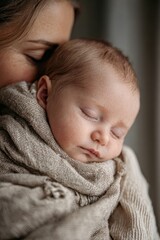Mother cradles sleeping newborn in a cozy, soft blanket during a quiet indoor moment