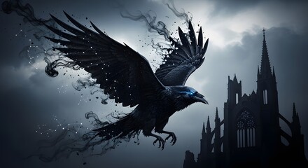 Obraz premium Raven Soaring Past Gothic Architecture