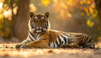 Majestic Bengal Tiger Resting in Golden Light with Bokeh Forest Backdrop Detailed Portrait of Wildlife Beauty in Warm Natural Setting