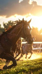 Majestic Brown Horse Galloping Through Grassy Field at Sunset with Golden Sunlight in a Cinematic HDR Landscape with Glowing Dramatic Tones
