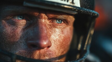 Close-up of a football player focused before a game under bright stadium lights during a warm evening