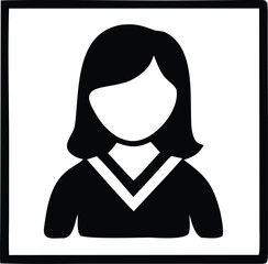 Stylized silhouette icon of a woman with short hair and a v-neck collar representing a user profile or persona