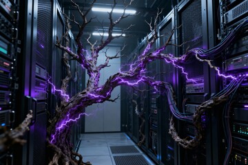 Cybernetic Tree Roots With Purple Lightning Overload in Dark Server Room Data Center