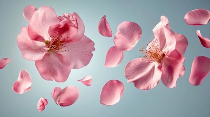 Obraz premium Rose petals or sakura flying petals, romantic background with realistic pink cherry flower petals flow or falling motion. Love, romance, floral spring season,cherry blossom