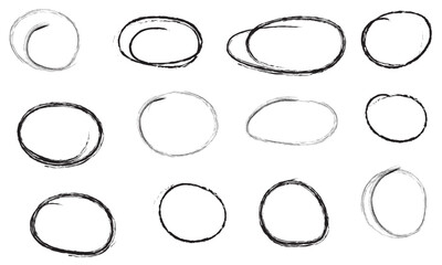 Highlight oval crayon or chalk shapes .  Sketchy pen , pencil or marker hand drawn rough ellipse circles design with grunge style. 