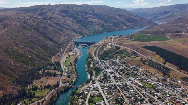 Aerial view of Clyde Dam, NZ's second-largest hydroelectric dam