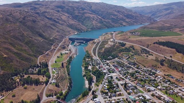 Aerial view of Clyde Dam by Cromwell in New Zealand's scenic landscape