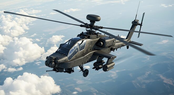 A high-resolution, ultra photo-realistic illustration of an AH-64 Apache attack helicopter flying through the sky, viewed from above. Detailed rotor blades, missile pods, and rugged metallic textures