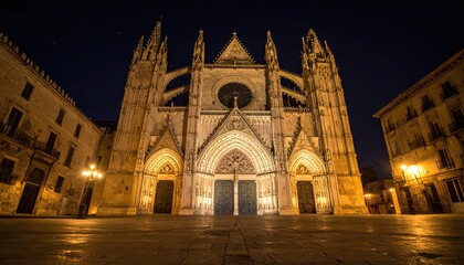 Majestic Cathedral Illuminated at Night in Zamora Spain with Ornate Facade Lit Against Starry Sky