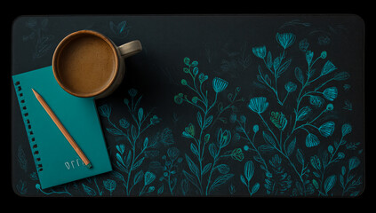 Cozy overhead view of a warm coffee mug resting on a teal notebook with a pencil and dark floral background