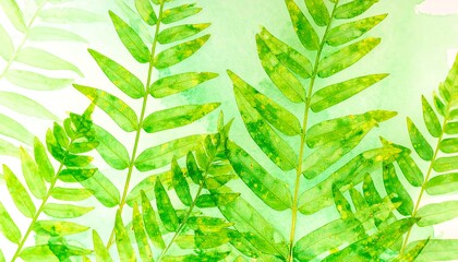 Watercolor painting of vibrant green fern leaves on a light green and white background