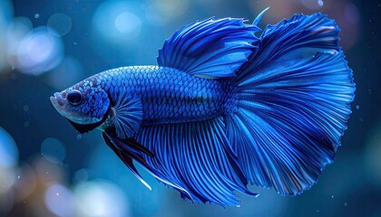 Majestic Cobalt Blue Betta Fish Floating Gracefully in Clear Water Aquarium with Bokeh Light and Fin Detail in Aquatic Splendor Close Up