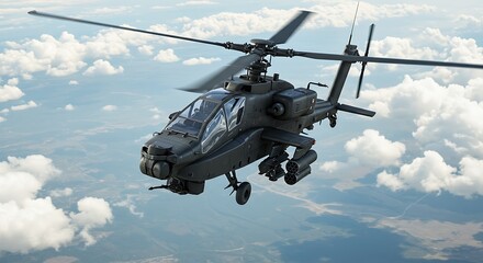 A high-resolution, ultra photo-realistic illustration of an AH-64 Apache attack helicopter flying through the sky, viewed from above. Detailed rotor blades, missile pods, and rugged metallic textures