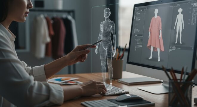 Woman fashion designer working with virtual reality model. Digital hologram of a body for clothing design on computer display. - Powered by Adobe