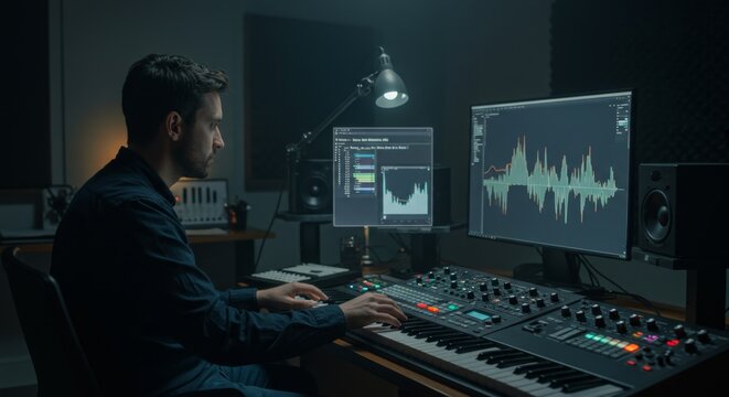 Man with his hands on a midi keyboard and sound mixer in a recording studio, music production concept for audio engineer