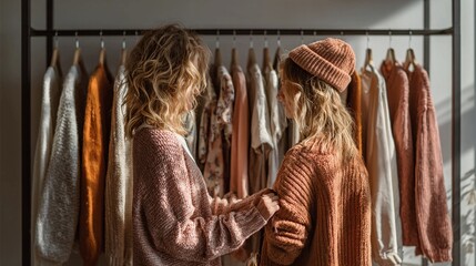 Two women friends thoughtfully selecting cozy autumn knitwear from a stylish clothing rack, sharing...