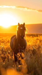 Majestic Dark Horse Running Through Golden Field at Sunset with Bright Warm Light and Detailed Fur a Cinematic HDR Animal Photography