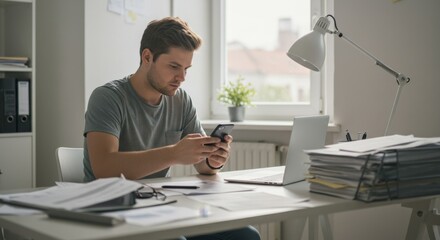 Young man using a smartphone at his home office desk while working or studying for productivity and communication