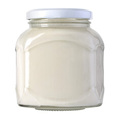 Glass jar with creamy yogurt on transparent background