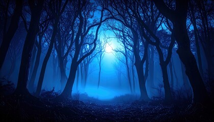 A serene and mysterious forest bathed in a captivating blue moonlight, showcasing silhouettes of trees against a foggy night.