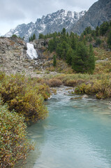 Kuiguk valley in the Altai mountains with Kuiguk waterfall in the background, Russian Federation