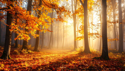 Mysterious Foggy Autumn Forest with Golden Leaves and Soft Morning Light