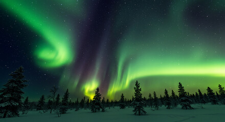 Aurora borealis display over snowy forest