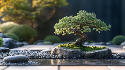 Minimalist garden scene with neatly arranged stones and a single bonsai tree.