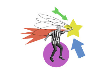 Composite trend artwork 3D sketch image collage of miniature aged man stand arrow show direction up star hand hold line circle abstract