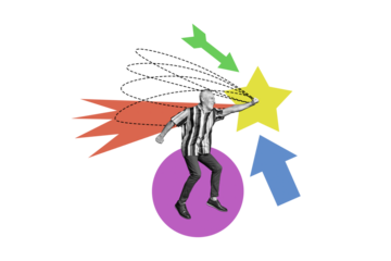 Composite trend artwork 3D sketch image collage of miniature aged man stand arrow show direction up star hand hold line circle abstract